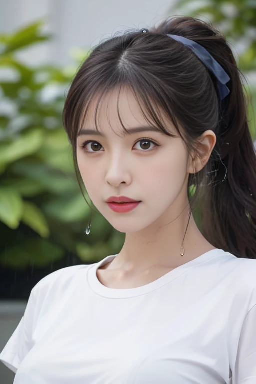 最high quality、high quality、最high quality、最High resolution、High resolution、masterpiece、Detailed and realistic human body、(Photorealistic: 1.2)、(Sharp Focus:1.2)、Beautiful 17 year old girl、Black tall ponytail、(Full Body Shot)、(Beautiful Face、Detailed and perfect face、Large, uniform eyes)、Ample breasts、Beautiful curves、Glowing skin all over、Fair skin、(A white T-shirt with her bra showing through the rain:1.3)、(A rain-soaked navy pleated skirt)、(Bad weather)、((Pouring rain))、(Schoolyard)、(Pouring rainの中)、(Schoolyardの真ん中に立つ少女)、(Pouring rainで頭からつま先までびしょ濡れの肌:1.2)、(Rain dripping from the skin:1.3)、(Glow effect)、Dark with rain clouds、
