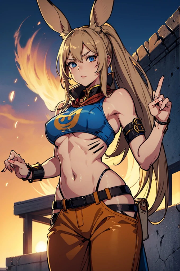 Bunny woman, rabbit woman, baggy pants, belt, blue eyes, tan skinned female, fingernails,, long pony tail, Viera, temple background, light brown hair, midriff , monk pose