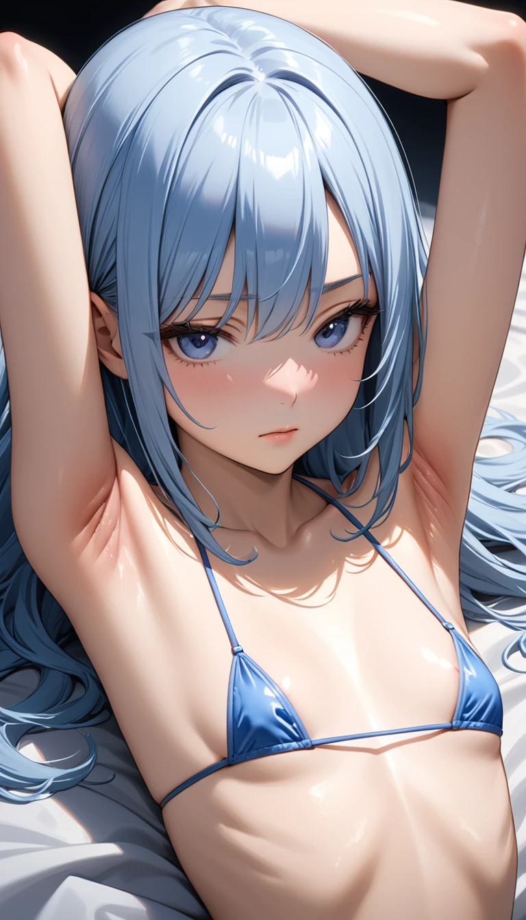 Therese Alexanderite, 25 year old woman hair floor, light blue hair, a jewel on his forehead, Blue eyes, big breasts,  provocative smile, naked, naked breasts., background a beach. drop of water on his chest,  naked. floating loose hair. perfect hands. selfi, selfi