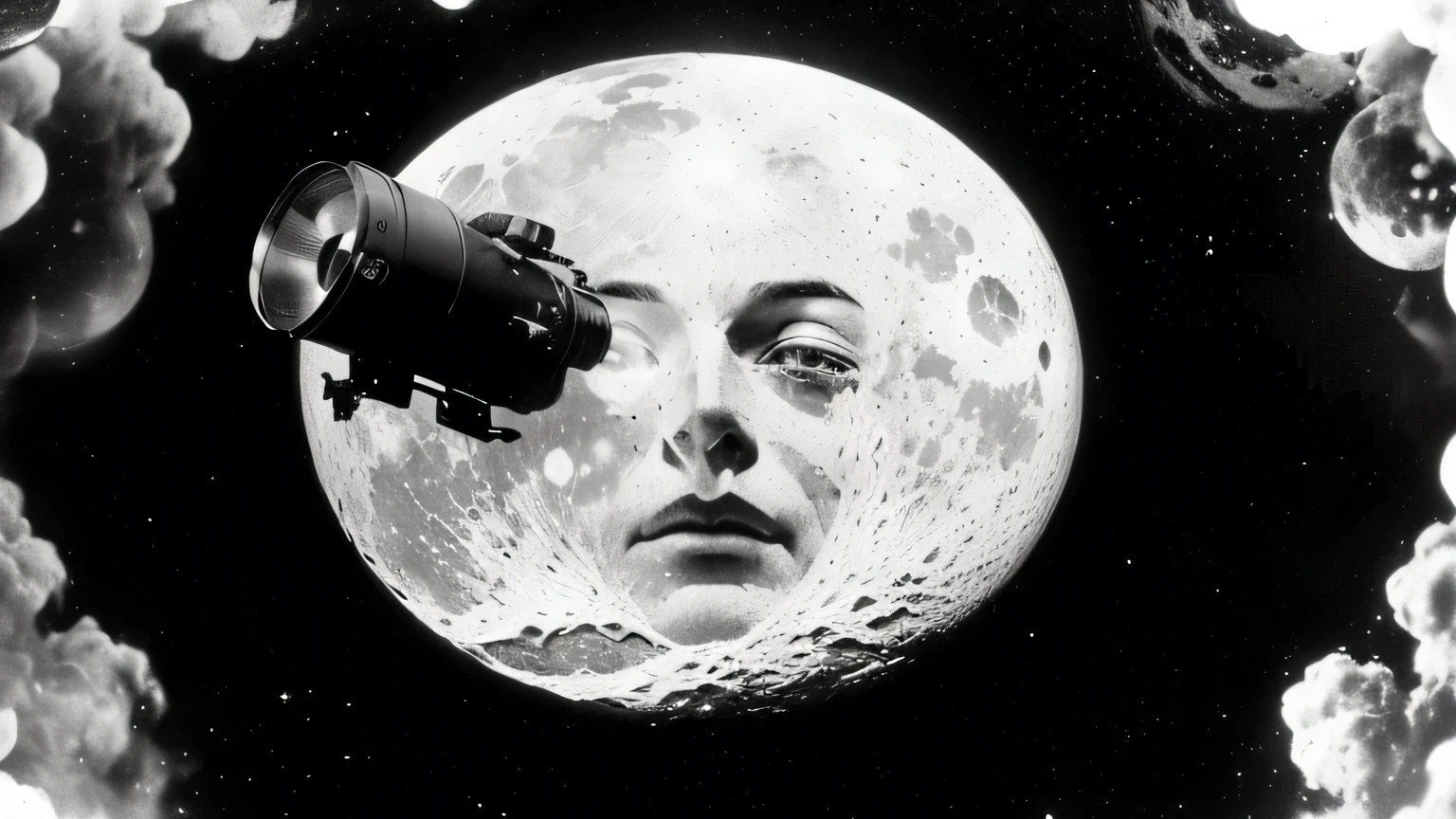 arafed image of a man's face is shown in a moon with a telescope, 1910s film still, vintage science fiction cinema, the first selfie on earth, surreal tears from the moon, by Grete Stern, still form a silent film, nasa archival photo, in the moon, high quality silent movie, on the moon