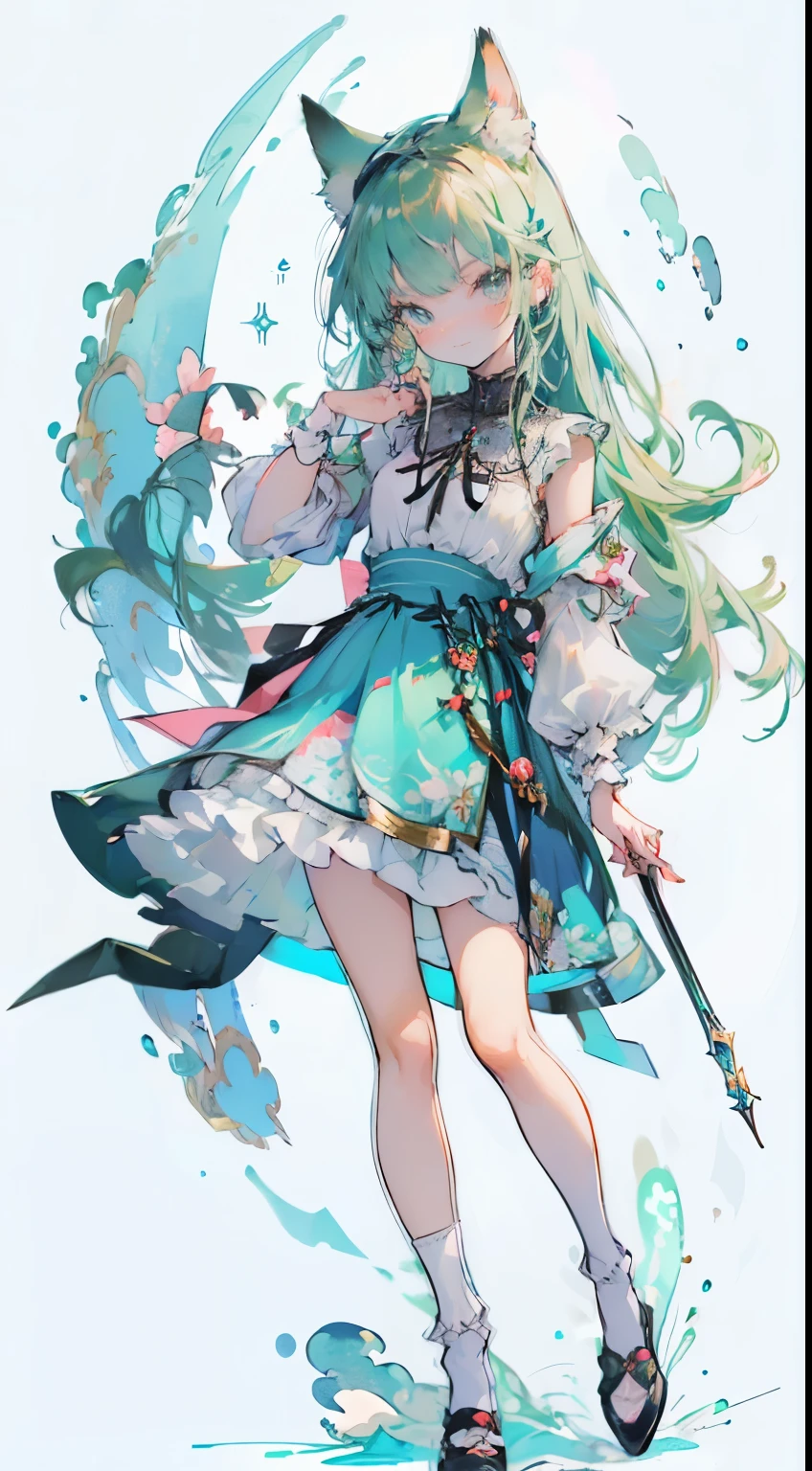 ((Tabletop, Highest quality: 1.1), ((Anime girl in a blue dress holding a magic wand)), Art Nouveau、メイド服を着たアニメのCat girl, , ((Green hairs))、Long-haired、((Eyes like shining jewels Long lashes Transparency))、Very Beautiful Anime Cat girl, アニメCat girl, ((White knee-high socks)), 魅力的なCat girl, Inspired by Leiko Ikemura, Takano Aya color style, in ryuuou no oshigoto art style, Cat girl, Favorite character, rei hiroe、With a smile