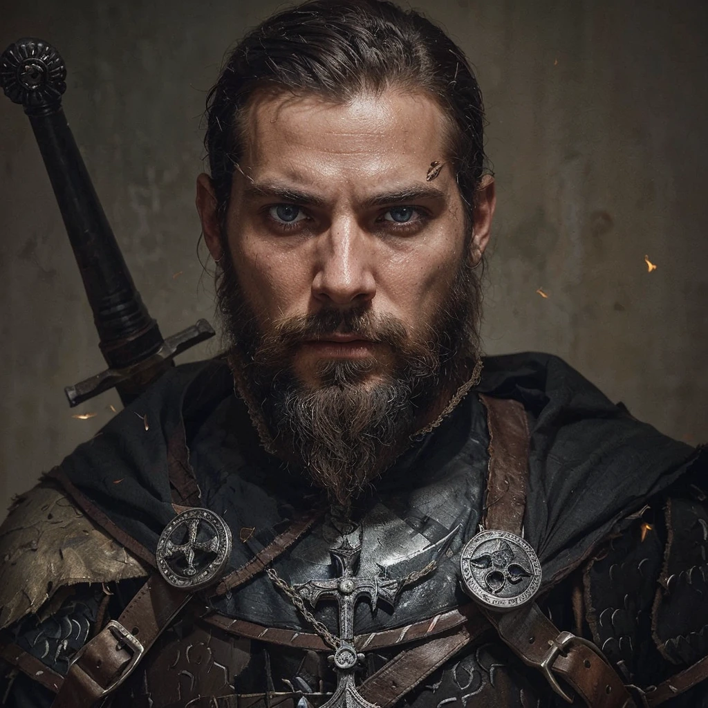 Conrad was a tall and strong young man, but an experienced man. He had piercing blue eyes, who seemed able to see through the very depths of the darkness of our world. His black hair was cut short, and the beard is quite thick, expressing severity , determination and paying tribute to its culture, Despite his young age, he already had gray strands of hair, this is a consequence of large doses of herbal decoctions and the internal state after all the battles with the horrors of this world . His face showed clear signs of battle and trials., reflecting his past when he was a Varangian and now , when he is a cleaner-messenger of God .
Conrad wore lightweight knight's armor on a leather suit decorated with the symbols of the New Vatican - a cross and other sacred signs, as well as pagan runes as a tribute to one’s past and ancestors. On his belt hung a sword with a carefully sharpened blade., shaped like a cross ready for battle at any moment. His stoic posture and confident gaze exuded unshakable determination and dedication to the war effort. .