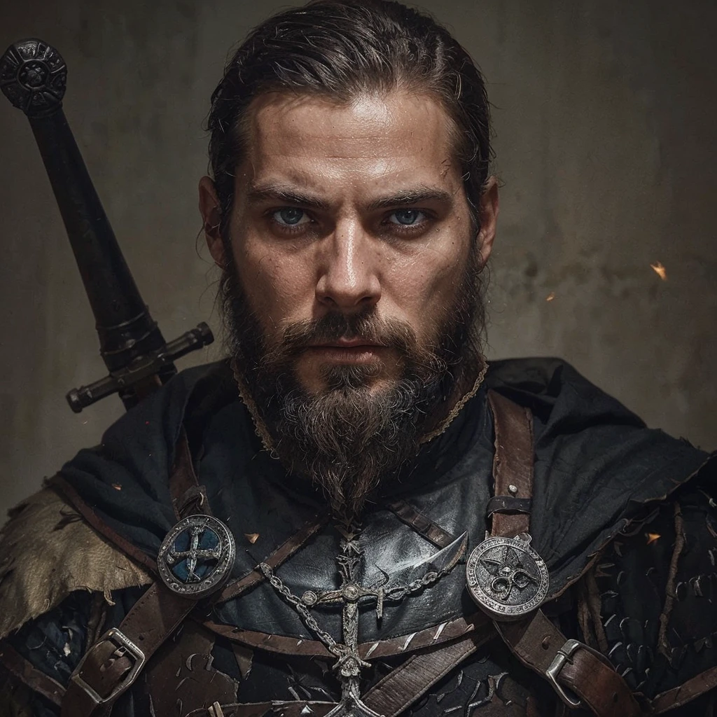 Conrad was a tall and strong young man, but an experienced man. He had piercing blue eyes, who seemed able to see through the very depths of the darkness of our world. His black hair was cut short, and the beard is quite thick, expressing severity , determination and paying tribute to its culture, Despite his young age, he already had gray strands of hair, this is a consequence of large doses of herbal decoctions and the internal state after all the battles with the horrors of this world  . His face showed clear signs of battle and trials., reflecting his past when he was a Varangian and now , when he is a cleaner-messenger of God .
 Conrad wore lightweight knight&#39;s armor on a leather suit decorated with the symbols of the New Vatican - a cross and other sacred signs, as well as pagan runes as a tribute to one’s past and ancestors. On his belt hung a sword with a carefully sharpened blade., shaped like a cross ready for battle at any moment. His stoic posture and confident gaze exuded unshakable determination and dedication to the war effort. .