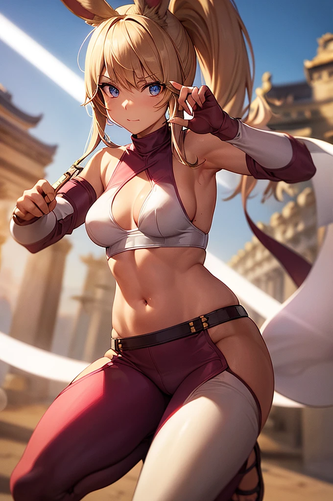 Bunny woman, rabbit woman, baggy pants, belt, blue eyes, tan skinned female, fingernails,, long pony tail, Viera, temple background, light brown hair, midriff , monk pose