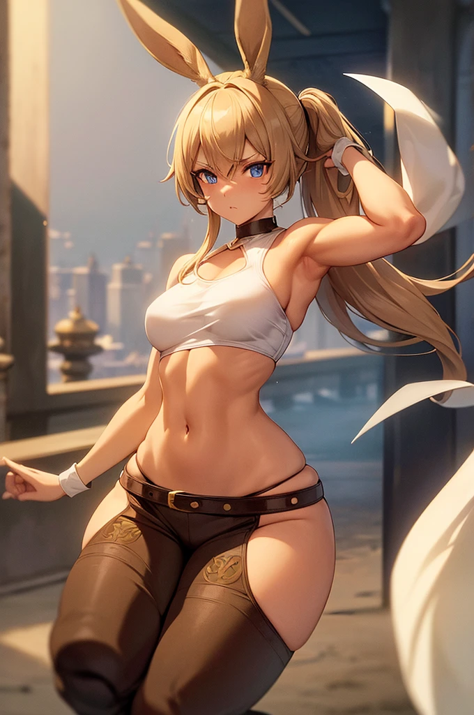 Very detailed、highest quality、Best image quality、masterpiece、8k、Sparkling Blue Eyes、Anime Face、A kind smile、Blonde curly hair、(SFW Giant)、(((Rear View)))、Cowboy Shot、Wearing a white T-back、Muscles of the whole body、Horn