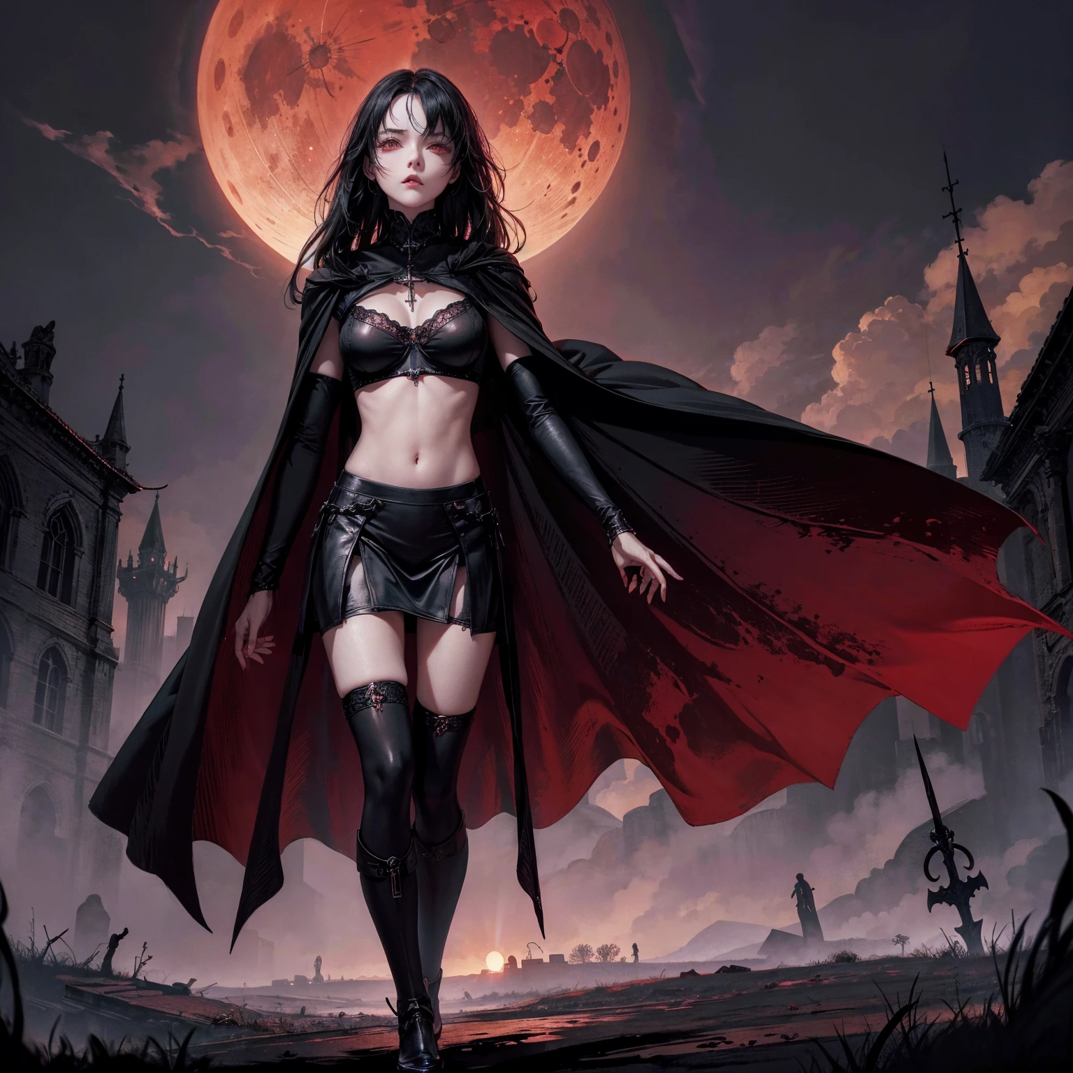 best quality, 4K, high resolution, masterpiece:1.2, Very detailed, actual:1.37, Mood lighting, Girl in a long cape, Wearing a reflective rubber bra, Wearing a pair of knee-high stockings, Exposes the navel,Shows the skin above the chest, Aloofness emotion, Dangerous sneer, Black Hair, Standing, Facing the camera, Crucified, Pitch black sky, Blood-red moon, strange atmosphere, Gothic style, Unforgettable beauty, Dramatic shadows, Ethereal Light, Mysterious atmosphere.
