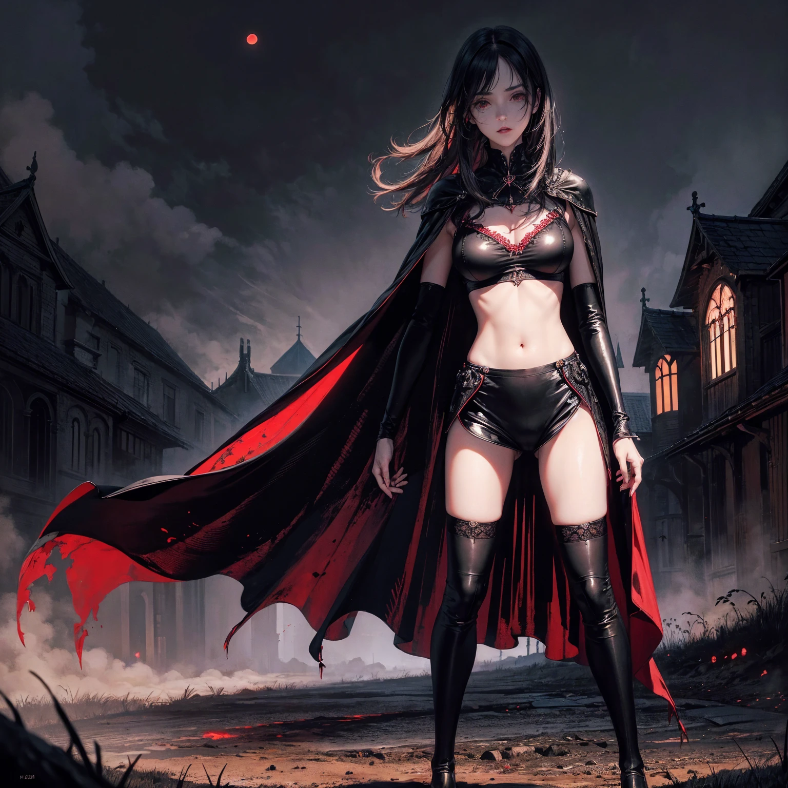 best quality, 4K, high resolution, masterpiece:1.2, Very detailed, actual:1.37, Mood lighting, Girl in a long cape, Wearing a reflective rubber bra, Wearing a pair of knee-high stockings, Exposes the navel,Shows the skin above the chest, Aloofness emotion, Dangerous sneer, Black Hair, Standing, Facing the camera, Crucified, Pitch black sky, Blood-red moon, strange atmosphere, Gothic style, Unforgettable beauty, Dramatic shadows, Ethereal Light, Mysterious atmosphere.