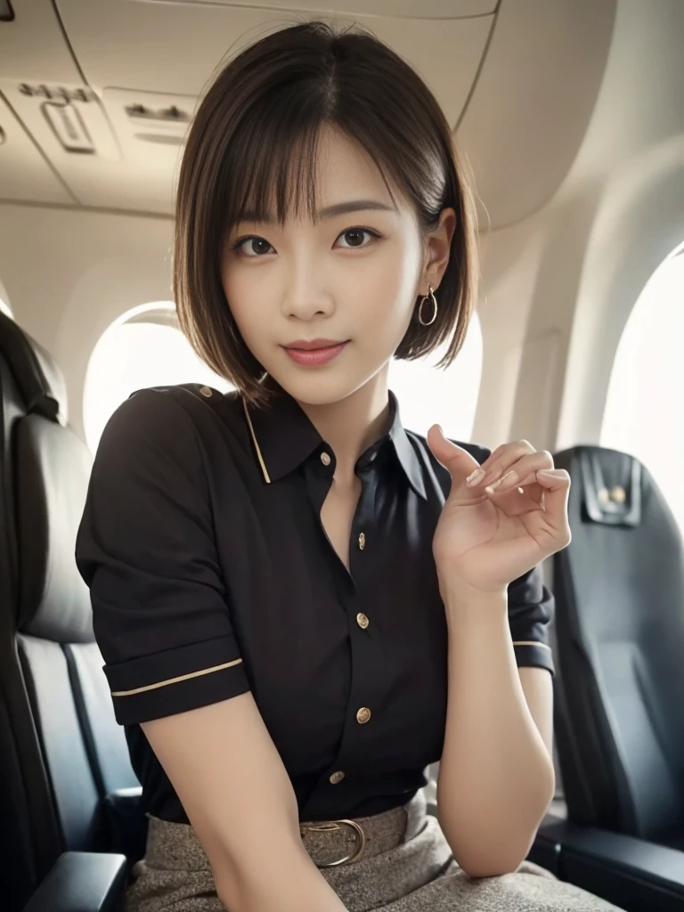 (masterpiece)、(Highest quality:1.5)、(16k wallpaper:1.2)、(Realistic:1.2)、(Very detailedな:1.2)、(超High resolution:1.2),(Surreal), (High resolution), (Very detailed), (Professional), (Realistic), (Post-processing), (Very detailed),(Sharp focus), Sharp focus:1.2,Realistic, Ultra-realistic, Backlight, Bright light, (Improvement of quality:1.4), Healthy Thighs、Tight waist、Big Ass、(Beautiful feet)、((Perfectly detailed five-fingered hands)),(Anatomically correct body)、((1 female:1.4))、Realistic Skin、(Small box:1.4),Beautiful woman with perfect figure:1.4,(from the front:1.5), (Enhances the beauty of skin texture:1.1), (Beautiful details), (Detailed face),Beautiful realistic face,No makeup、美しいBlack Hair、Super Beauty、The best smile、Natural color lip、Bangs too、((29-year-old female))、Bob Hair、Hair blowing in the wind, (Black Hair, iris, Watery eye, Shining Eyes, Short Bob Cut Hair, Small earrings, Slightly reddish), Hair behind the ear、No makeup、(Droopy eyes)、(Drooping eye corners)、Inside the plane, stewardess, stewardessコスチューム, ANAAviation uniforms, Aviation uniforms, Thick thigh skirt, Glowing Skin,