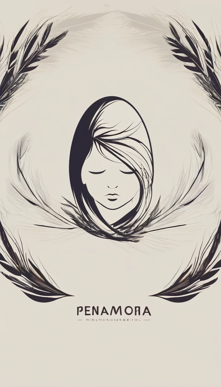 A minimal, modern, simple, cinematic logo design for the brand “Penamemoria". Create a modern, minimalistic, high-quality, logo of a boy inside a nest made of feathers. The logo must be a symbol for dreams, stories, memories, music and imagination.