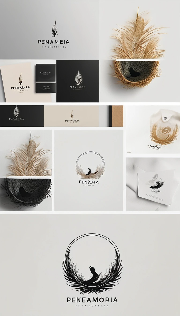 A minimal, modern, simple, cinematic logo design for the brand “Penamemoria". Create a modern, minimalistic, high-quality, logo of a boy inside a nest made of feathers. The logo must be a symbol for dreams, stories, memories, music and imagination.