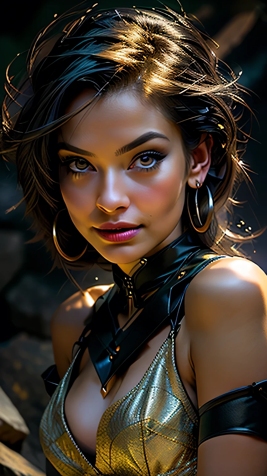 Studio Lighting,(Portraiture),(Vibrant colors),(Cool tones),(Soft moody lighting),(Sharp focus), stunning face, confident and provocative smile,Mysterious atmosphere,Dark and rough cave background, Big Tits, Decorative equipment,Fierce and powerful stance,Shining Jewelry,Dramatic lighting to accentuate facial features,Subtle makeup,Faint signs of smoke or fog,Nighttime Settings,Faint moonlight shining in the background illuminates the scene.、masterpiece, 最high quality, high quality, High resolution, ((Pause_random))、((Face close-up))), Dark cave background,black garter set、