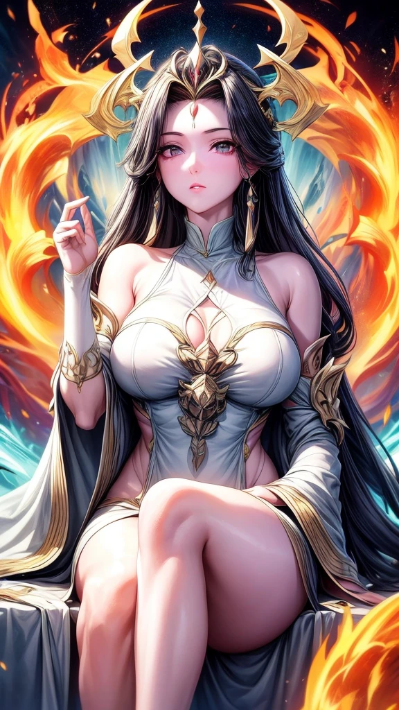Immortal Goddess, Super cute, 8K, Super , meditation, Light white cloth covering part of the body, Sit cross-legged, círculo magic dourado brilhante girando atrás dela, magic violet aura surrounding her parts, magic, fantasy, Galaxy Background, (4 Elements, fire, water, wind, Earth, surrounding him),