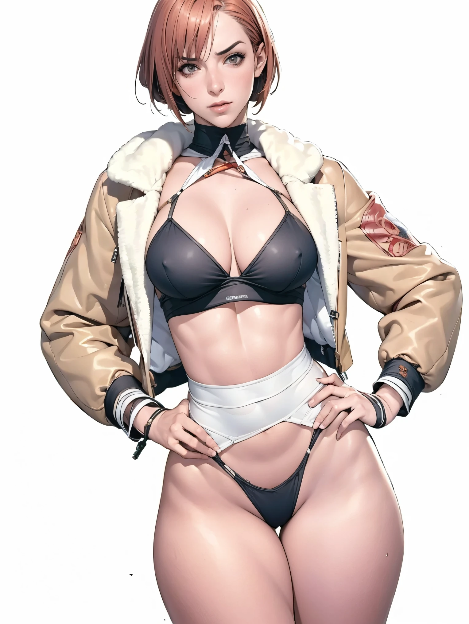 (((Annie Lennox))), (((copper color suit))), (scars), (((bandaged arms))), (((Copper-colored clothes))) ((fur hood)), (((best qualityer: 1.4))), (Unbeatable masterpiece), (hiper HD),(CG 8k hyper-realistic), brave face, (((breasts big))), (((hyper feminine))), sexly girl, black tattoo,(ultra short red hair with white highlights)), ((( sculptural body ))), (((1 Kizi))), Kizi tatuada de 25 anos com perfectbody,,Beautiful and well-groomed face,muscular body:1.2,solid color detailed jacket, (Head to thigh photos), Complex equipment, copper,Tight clothes,With white stars and off-white stripes,,,,,Armor Metal Electronic Parts, Poison tattoos ) INFO, Kizi, (((standing alone))), pirralha violent, 24歳, sexy, pose de atitude, work of art, post-apocalypse, (((manga style))), bounty hunter, the way you want, perfect body, roupa moderna, advanced technology, Pleated mini skirt with checkered pattern in red and black, fur collar jacket, sleeves with vertical striped pattern, neutral background, (( cowboy shot )). intricate visual, narrow waist, (((wide hips))), wide hips, fit thighs, (thigh gap), background shows a futuristic airplane