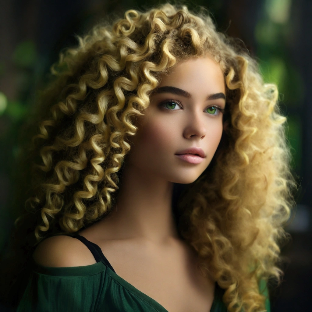 arafed woman with long curly hair and green eyes, curly blonde hair | d & d, photo of a beautiful woman, beautiful portrait photo, long curly hair intricate, soft portrait shot 8 k, with a curly perm, portrait shot, soft twirls curls and curves, beautiful portrait image, wavy beautiful hair, curly haired, very beautiful young woman