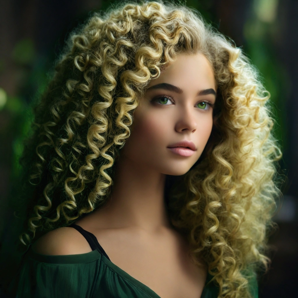 arafed woman with long curly hair and green eyes, curly blonde hair | d & d, photo of a beautiful woman, beautiful portrait photo, long curly hair intricate, soft portrait shot 8 k, with a curly perm, portrait shot, soft twirls curls and curves, beautiful portrait image, wavy beautiful hair, curly haired, very beautiful young woman