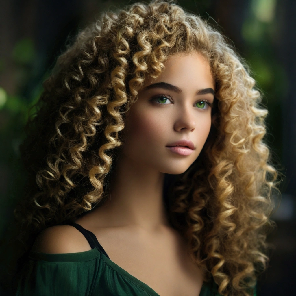 arafed woman with long curly hair and green eyes, curly blonde hair | d & d, photo of a beautiful woman, beautiful portrait photo, long curly hair intricate, soft portrait shot 8 k, with a curly perm, portrait shot, soft twirls curls and curves, beautiful portrait image, wavy beautiful hair, curly haired, very beautiful young woman