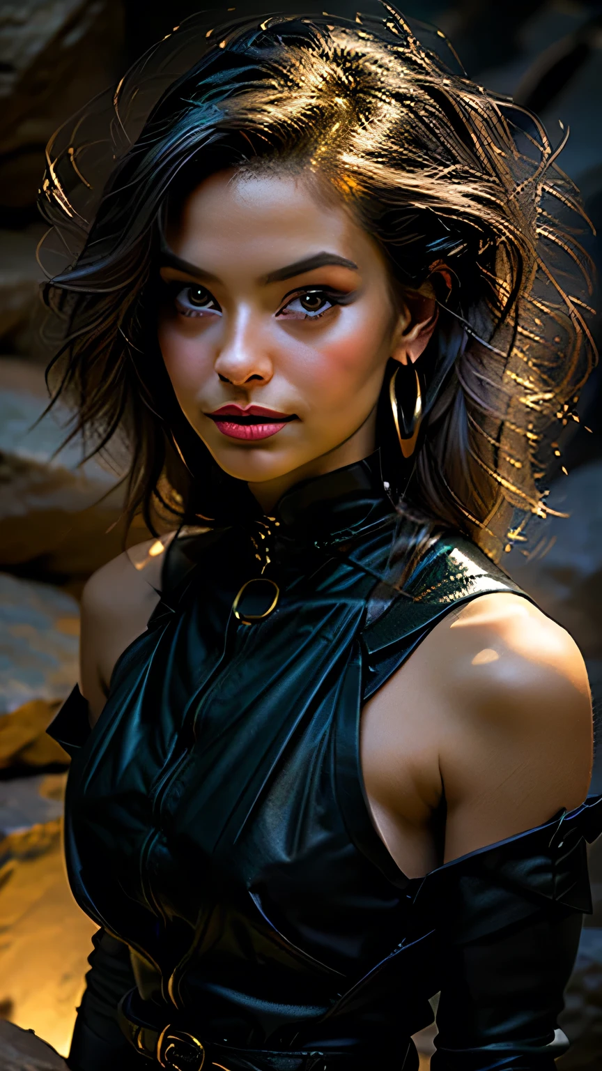 Studio Lighting,(Portraiture),(Vibrant colors),(Cool tones),(Soft moody lighting),(Sharp focus), stunning face, confident and provocative smile,Mysterious atmosphere,Dark and rough cave background, Big Tits, Decorative equipment,Fierce and powerful stance,Shining Jewelry,Dramatic lighting to accentuate facial features,Subtle makeup,Faint signs of smoke or fog,Nighttime Settings,Faint moonlight shining in the background illuminates the scene.、masterpiece, 最high quality, high quality, High resolution, ((Pause_random))、((Face close-up))), Dark cave background,black garter set、