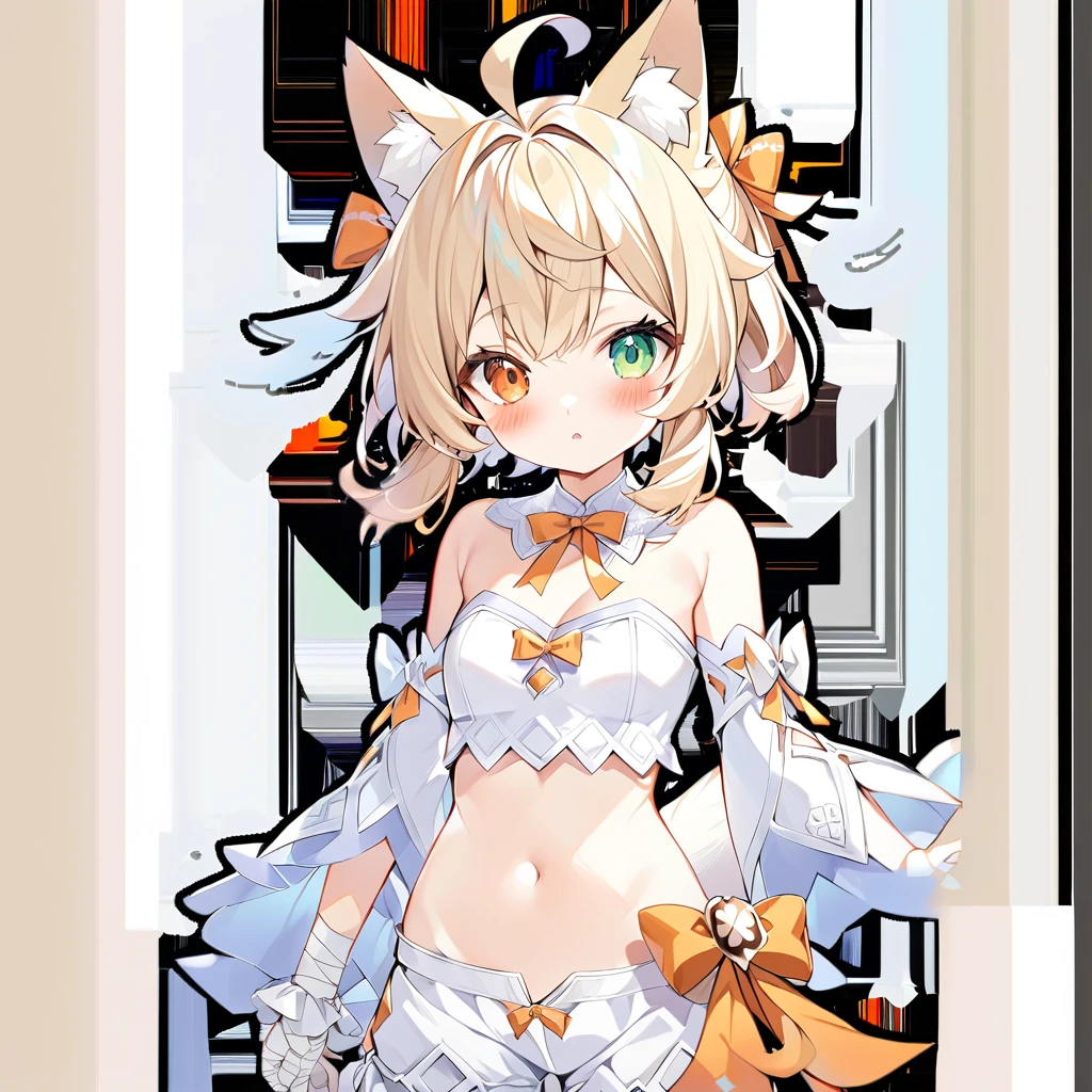 1girl, ahoge, animal ear fluff, animal ears, bangs, bare shoulders, blonde hair, , bow, fox ears, detached collar, detached sleeves, , fox ears, green eyes, hair ribbon, heterochromia, orange bow, orange eyes, orange ribbon, parted lips, ribbon, sidelocks, solo, transparent background, twintails, virtual youtuber, white background The fox girl,1girl,short hair, The hairstyle is like Klee's,animal ears, bangs, bare shoulders, blonde hair, blush, bow, breasts, white cleavage, cropped torso, , green eyes, hair ribbon, heterochromia, , looking at viewer, , orange bow, orange eyes, orange ribbon, ribbon, solo, stuffed animal, , , twintails, upper body, full-length, white legbands, white shoes with lace and white bows, white background, wrist cuffs, yellow eyes, bloomers, close-up, fair skin frills, lace, midriff, skirt, solo, , white background,shorts, white top with ribbon and lace and trousers,trousers, genshin,white slippers with a bow,All clothes are white, laceAt full height, it stands,bandaged hands, short hair , ankle lace-up, ankle ribbon, bow, leg ribbon, lineart, , shoes, , standing, , white bow, white footwear,