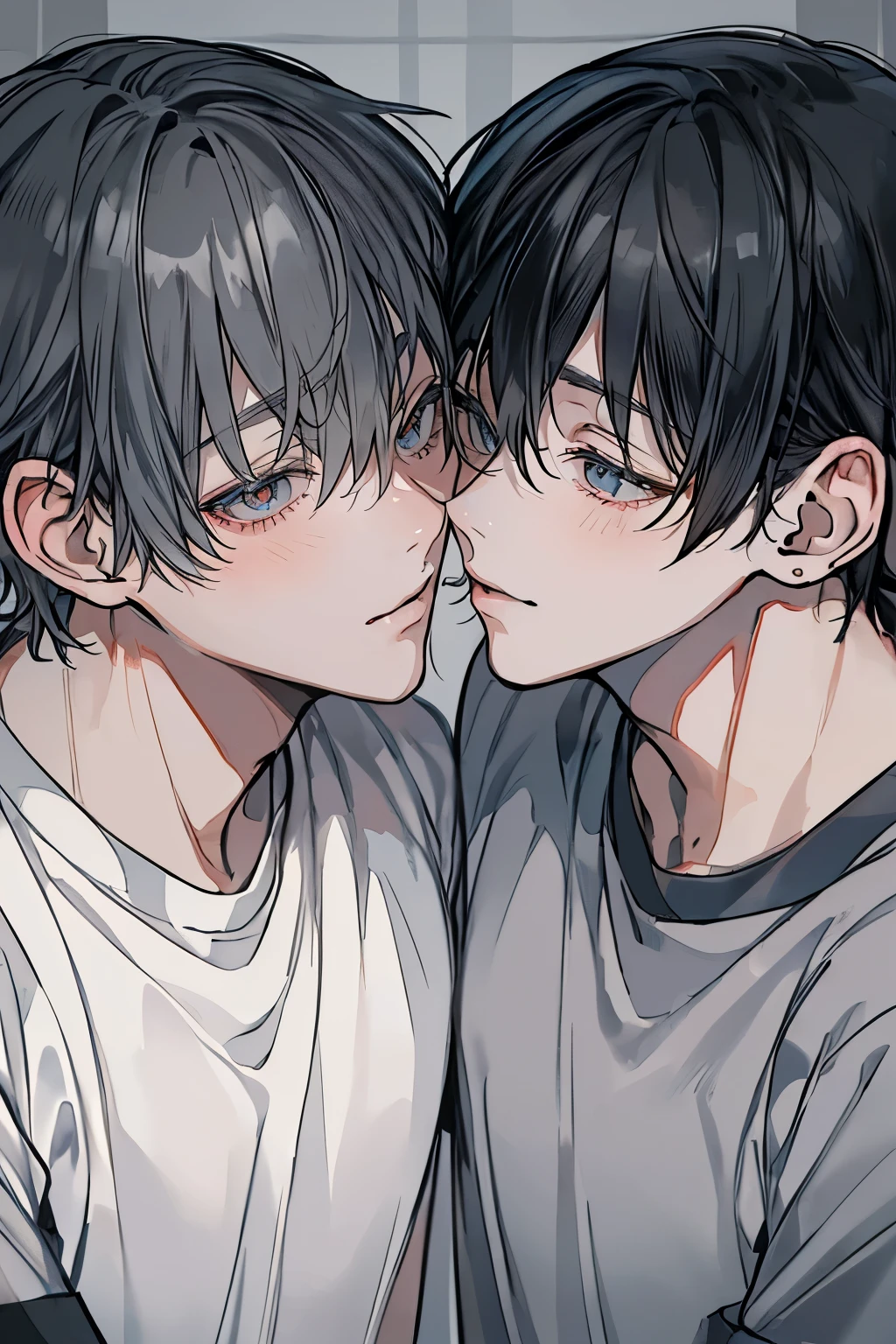(masterpiece), (Highest quality), Very detailed, ((Two men kissing:1.5)), Perfect Face, Beautiful Face, Very detailedな顔,(Black-haired man:1.3),(Grey-haired man:1.3)、T-Shirts、smile