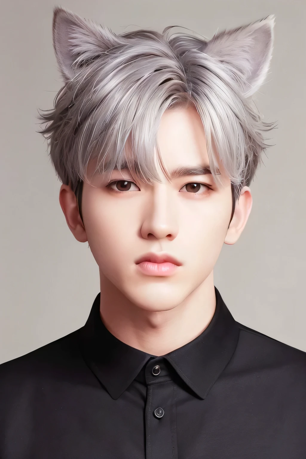 ８Ｋ、１male、Highest quality、masterpiece、Wearing dog ears、Realistic Skin、(head shot:1.23)、(Chiaroscuro:1.23)、Gray Hair、Black polo shirt