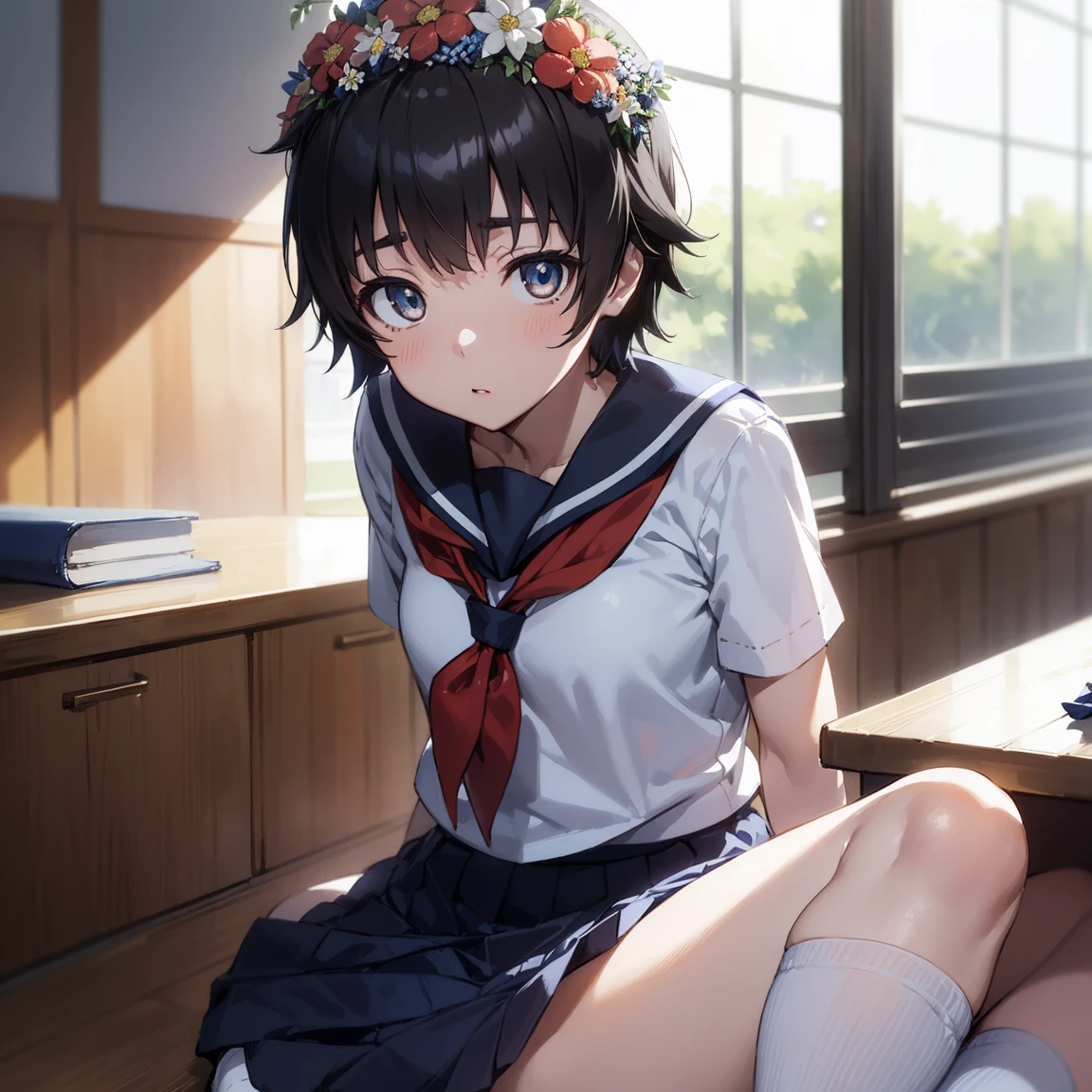 Kyoto Animation,shinkai makoto,uiharukazari, Kazari Uiharu, (black eye:1.5), Black Hair, flower, hair flower, hair ornaments, flower ring on head, short hair,
break armband, School uniforms are not distributed., , Seraphim, skirt, Summer clothes, neckerchief, red neckerchief, Blue sailor collar, Blue Card, Short sleeve,white lace flower decorative panties,White socks,
break looking at viewer,
break indoors, classroom,
break (masterpiece:1.2), Highest quality, High resolution, unity 8k wallpaper, (shape:0.8), (Fine and beautiful eyes:1.6), Highly detailed face, Perfect lighting, Highly detailed CG, (Perfect hands, Perfect Anatomy),