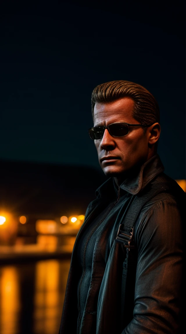 1 man, solo, Albert Wesker, lean muscle male, wearing a black linen long sleeve shirt, black linen trench coat, suspenders, looking casual, wearing elegant black shades, glowing red eyes, deadpan, black trousers, cold face, middle aged, in a dark labratory, night time, high quality, solo, single male, male focus, upper body shot, cinematic lighting, best quality, depth of field, blue light, 8k