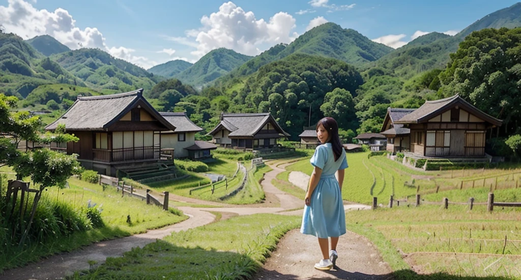 Create a picturesque rural landscape during the day, featuring a young woman in a light blue dress standing on a path that stretches into lush green rice fields. In the background, traditional Japanese wooden houses and green mountains are seen against a bright blue sky filled with fluffy white clouds. The sunlight beams from the top left corner, illuminating the scene with a warm and cheerful ambiance.