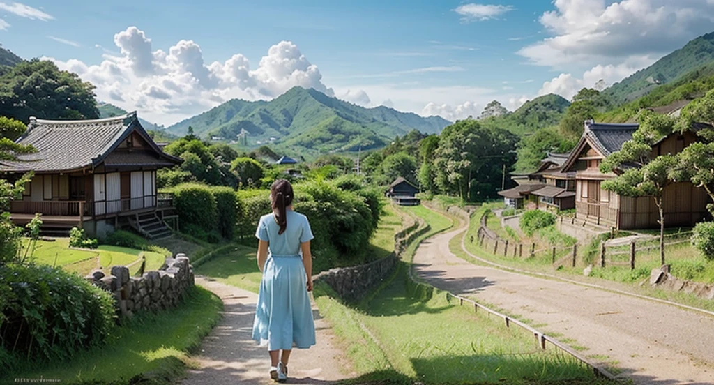 Create a picturesque rural landscape during the day, featuring a young woman in a light blue dress standing on a path that stretches into lush green rice fields. In the background, traditional Japanese wooden houses and green mountains are seen against a bright blue sky filled with fluffy white clouds. The sunlight beams from the top left corner, illuminating the scene with a warm and cheerful ambiance.