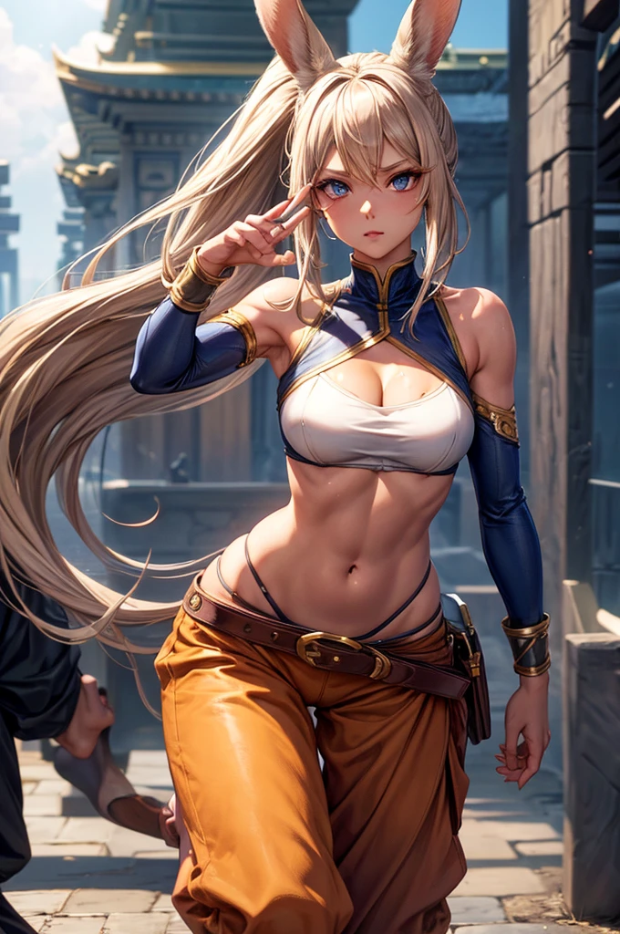 Bunny woman, rabbit woman, baggy pants, belt, blue eyes, tan skinned female, fingernails,, long pony tail, Viera, temple background, light brown hair, midriff , monk pose