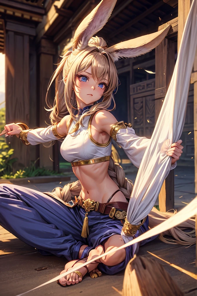 Bunny woman, rabbit woman, baggy pants, belt, blue eyes, tan skinned female, fingernails,, long pony tail, Viera, temple background, light brown hair, midriff , monk pose