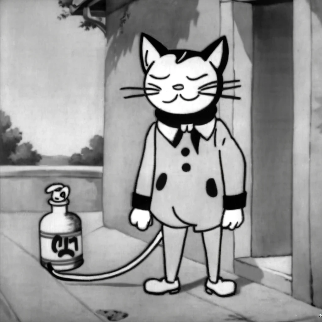 1930s animation, alone, whole body, Standing pose, Cat character in human form, Dust mask, Facing forward, Grinning face, Sleeping gas bottle