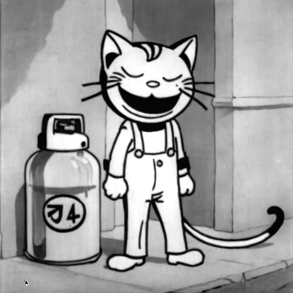 1930s animation, alone, whole body, Standing pose, Cat character in human form, Dust mask, Facing forward, Grinning face, Sleeping gas bottle