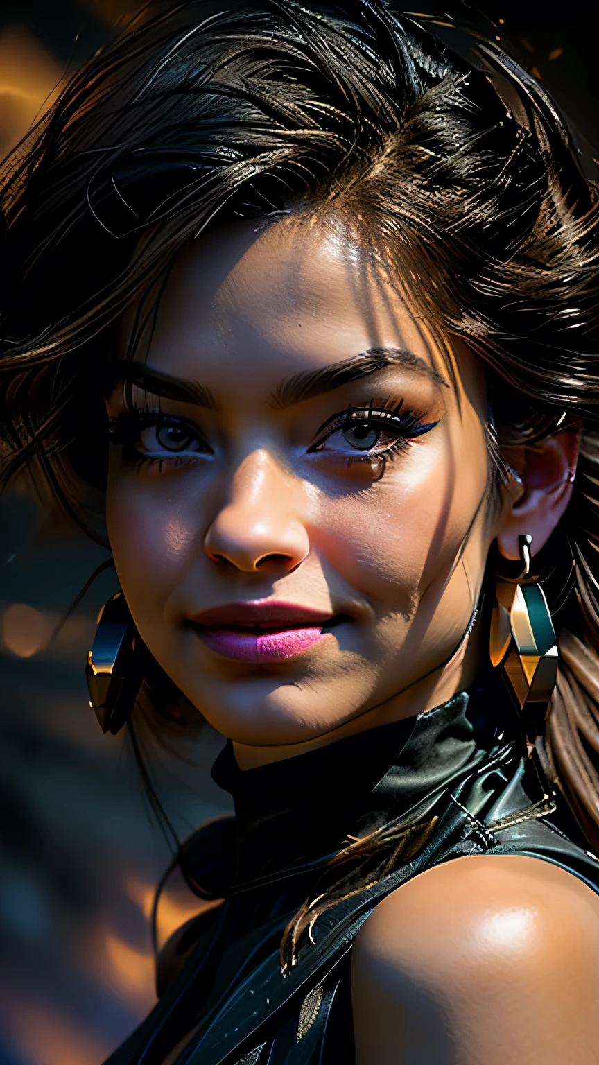 Studio Lighting,(Portraiture),(Vibrant colors),(Cool tones),(Soft moody lighting),(Sharp focus), stunning face, confident and provocative smile,Mysterious atmosphere,Dark and rough cave background, Big Tits, Decorative equipment,Fierce and powerful stance,Shining Jewelry,Dramatic lighting to accentuate facial features,Subtle makeup,Faint signs of smoke or fog,Nighttime Settings,Faint moonlight shining in the background illuminates the scene.、masterpiece, 最high quality, high quality, High resolution, ((Pause_random))、((Face close-up))), Dark cave background,black garter set、