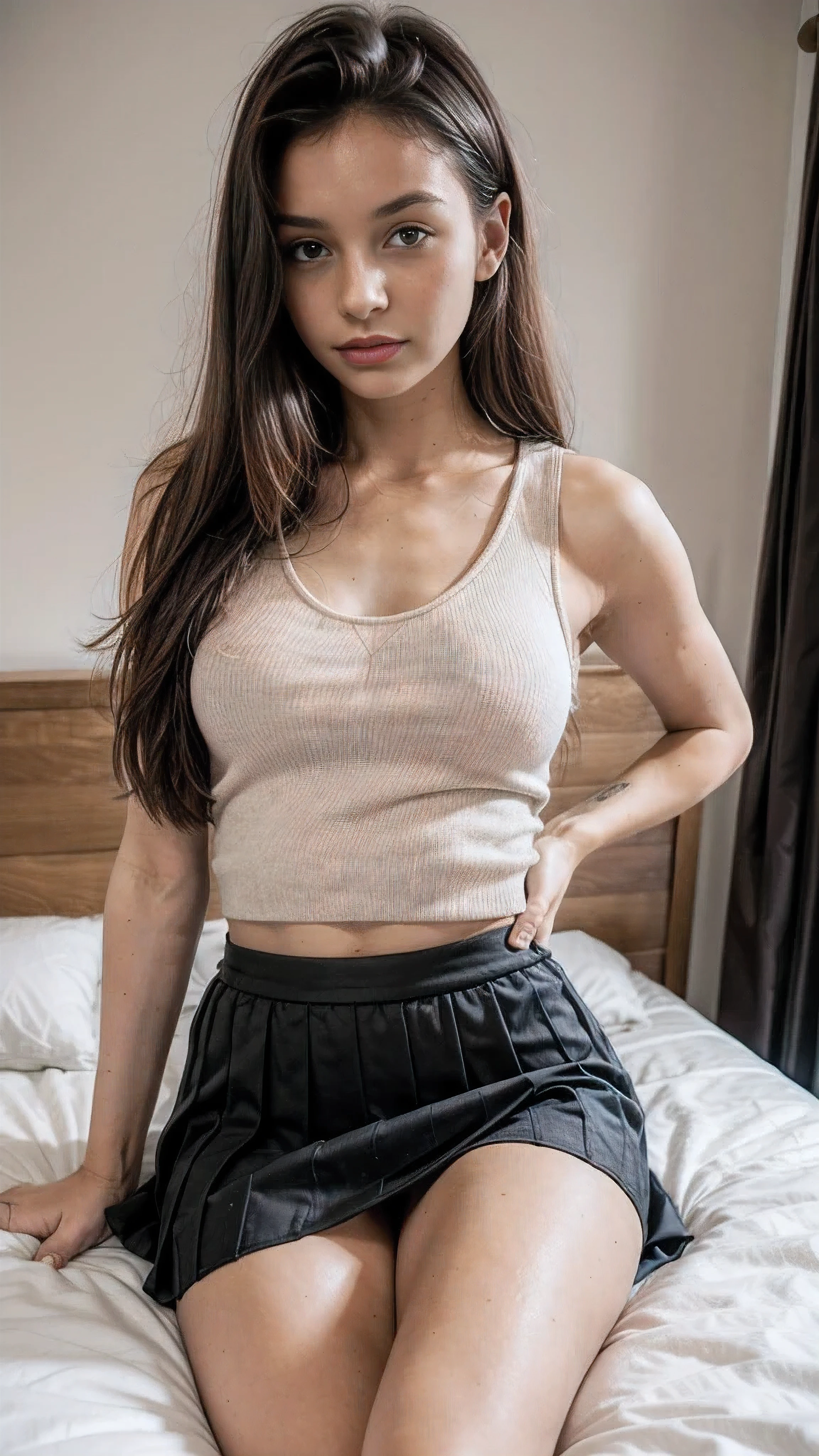 20 year old girl, on a bed, short skirt, cute tanktop, revealing clothes, sexy legs, topmodel
