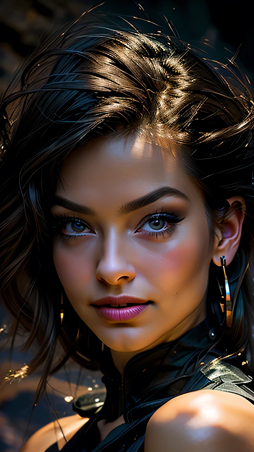 Studio Lighting,(Portraiture),(Vibrant colors),(Cool tones),(Soft moody lighting),(Sharp focus), stunning face, confident and provocative smile,Mysterious atmosphere,Dark and rough cave background, Big Tits, Decorative equipment,Fierce and powerful stance,Shining Jewelry,Dramatic lighting to accentuate facial features,Subtle makeup,Faint signs of smoke or fog,Nighttime Settings,Faint moonlight shining in the background illuminates the scene.、masterpiece, 最high quality, high quality, High resolution, ((Pause_random))、((Face close-up))), Dark cave background,black garter set、