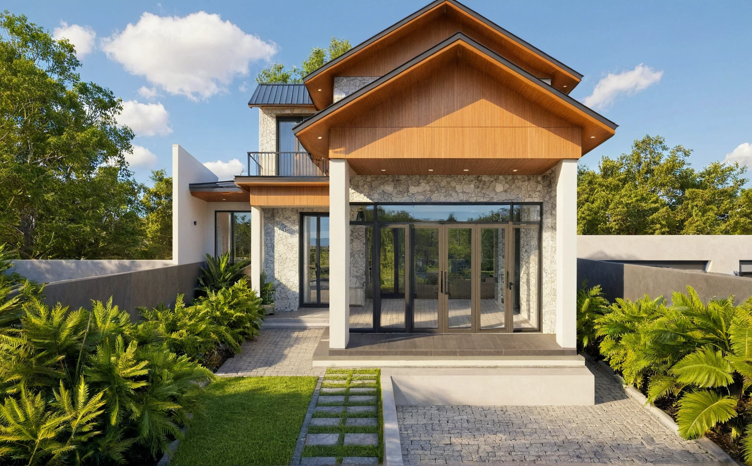 Photo brute,head of'ouvrages d'art, high quality, best quality, authentique, Great detail,
dehors, En plein air, style de maison moderne dans la rue, glass windows, grille, wooden ceiling,
itinerary,pavement, trees, sky, nuvens, (day light:1.1)