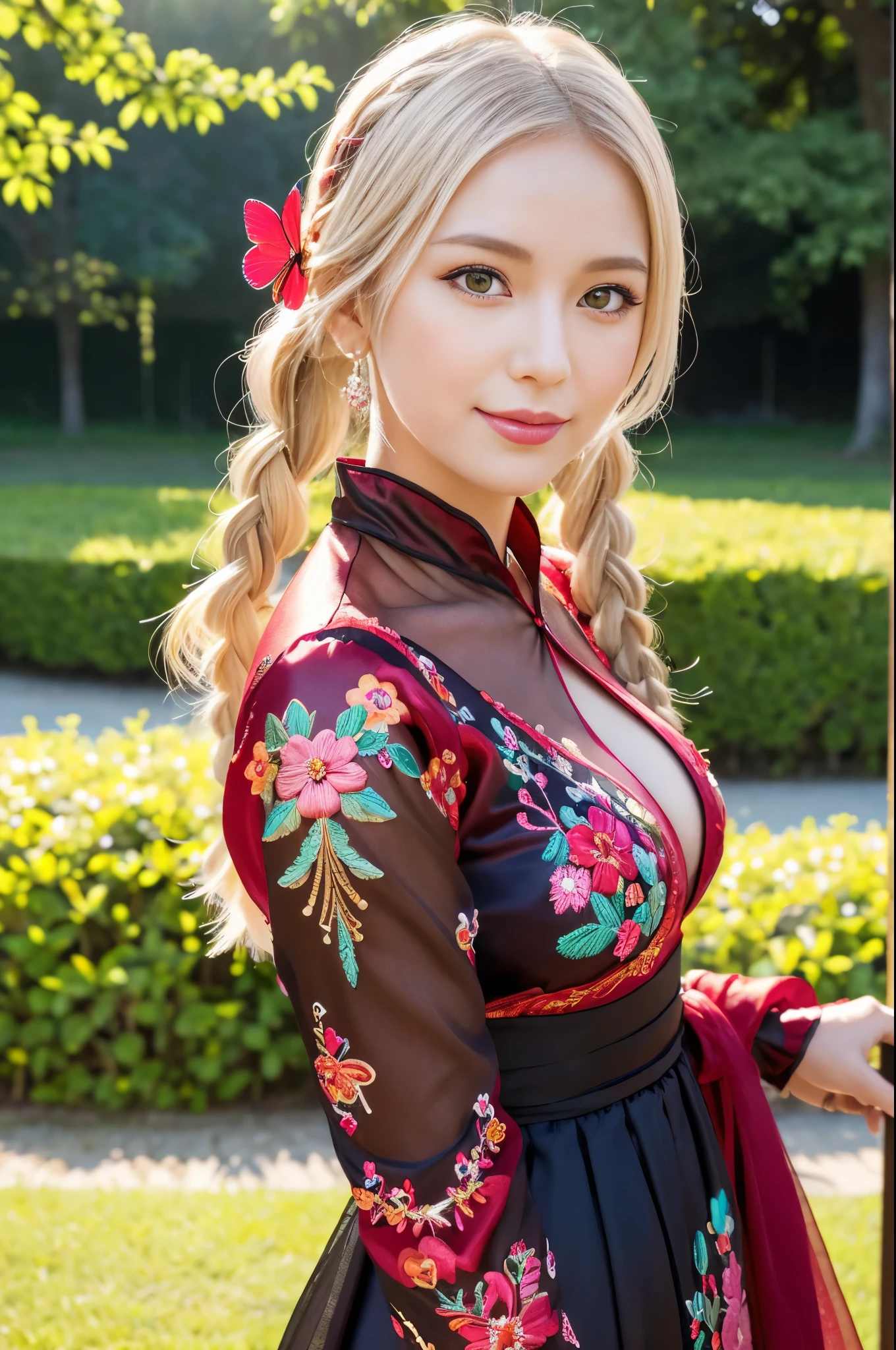 (masterpiece:1.4), (best quality:1.4), ultra high res, ultra high resolution, ((detailed facial features)), HDR, (realistic, photorealistic, photo-realistic:1.37), full body, sexy seductive Swedish woman, (seductive smile), (slim girl), long lashes, multicolor metallic makeup, vivid colors, (platinum blonde very short braided hair), fair skin, elegant posture, wearing large sparkling colorful jewelery, wearing a red silk Paradise Kiss cosplay dress with black floral embroidery, multicolor butterflies, eastern setting, japanese park in background, lush garden, sunny, in focus, gentle sunlight shining, casting a soft glow on her face, adding warmth to the scene, vivid colors, showcasing her natural beauty and grace in a feminine way