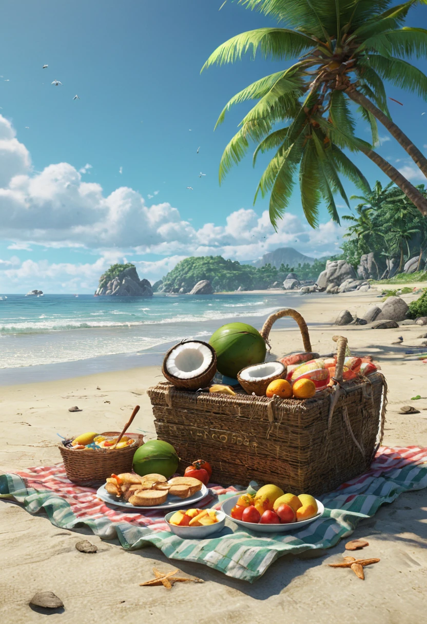 picnic on beach, wide variety of food, happy family, vitality and fun, coconut trees, anime realism, (best quality, masterpiece, Representative work, official art, Professional, 8k, Ultra intricate detailed:1.3)