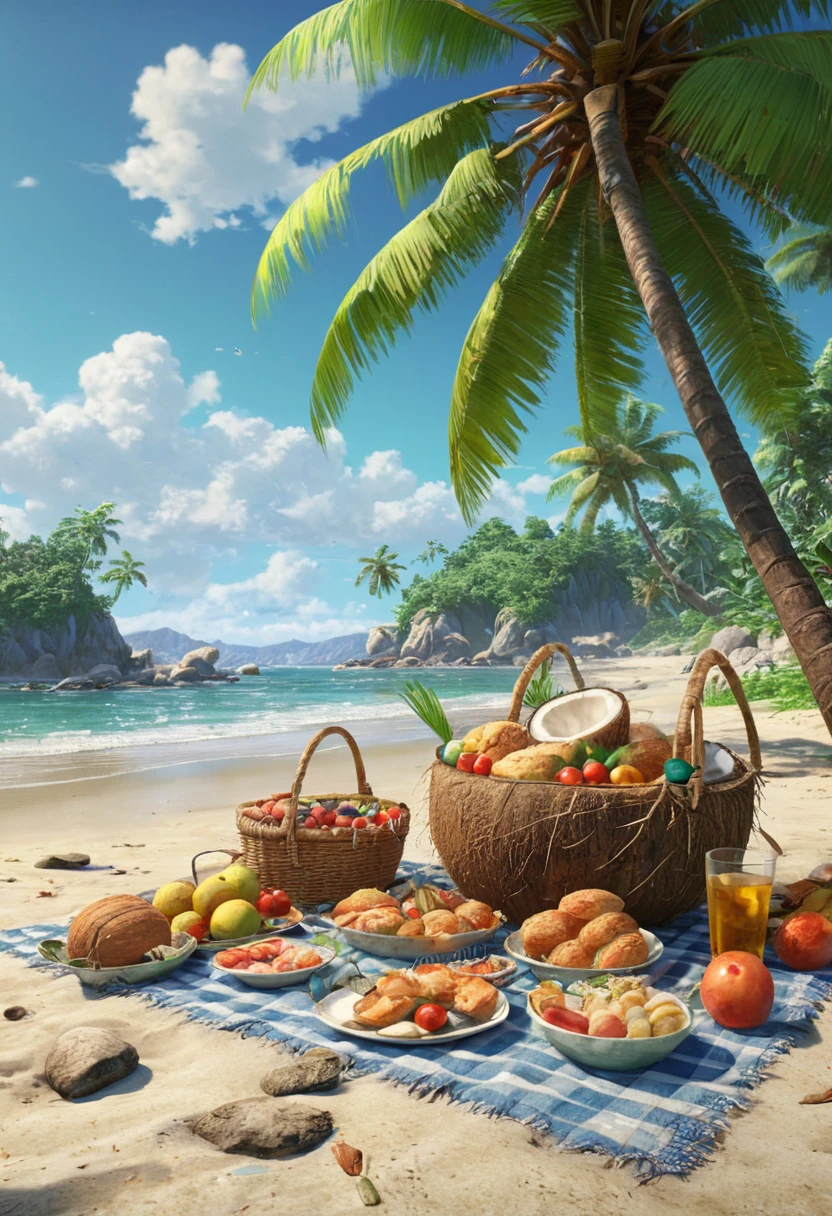 picnic on beach, wide variety of food, happy family, vitality and fun, coconut trees, anime realism, (best quality, masterpiece, Representative work, official art, Professional, 8k, Ultra intricate detailed:1.3)