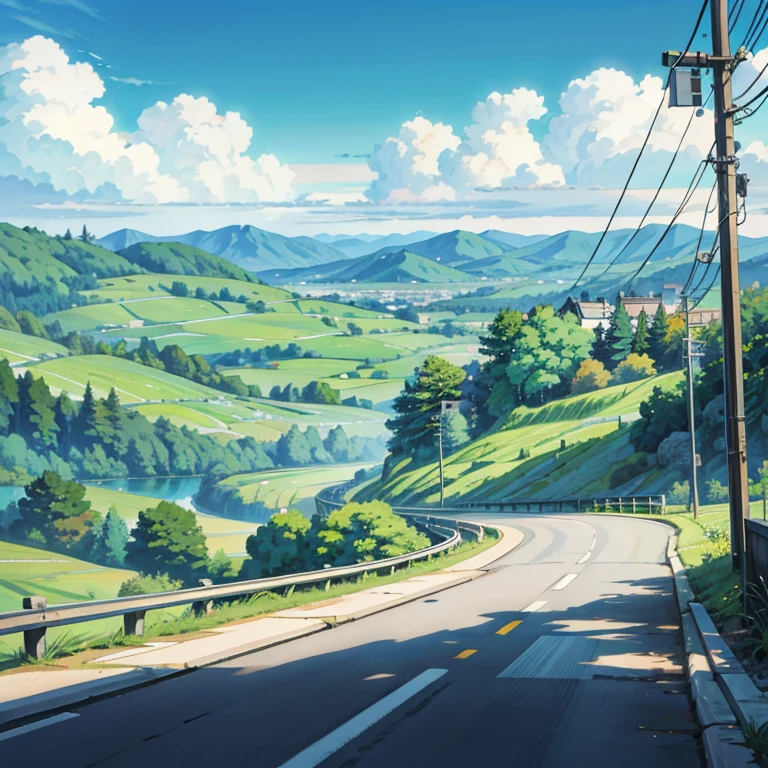 a painting of free way horizontally with a background of mountains and a forest with lush green hills, anime countryside landscape, makoto shinkai. high detail, by Kaii Higashiyama, anime landscape, anime landscape wallpaper, by makoto shinkai, by Makoto Shinkai, anime. by makoto shinkai, hd anime cityscape, anime scenery concept art, anime scenery, style of makoto shinkai, makoto shinkai art style, anime. by makoto shinkai, by Makoto Shinkai, by makoto shinkai, anime scenery, kyoto animation, 4k hd,, beautiful art uhd 4 k, a beautiful artwork illustration, beautiful digital painting, highly detailed digital painting, beautiful digital artwork, detailed painting 4 k, very detailed digital painting, rich picturesque colors, gorgeous digital painting, saturated, no human