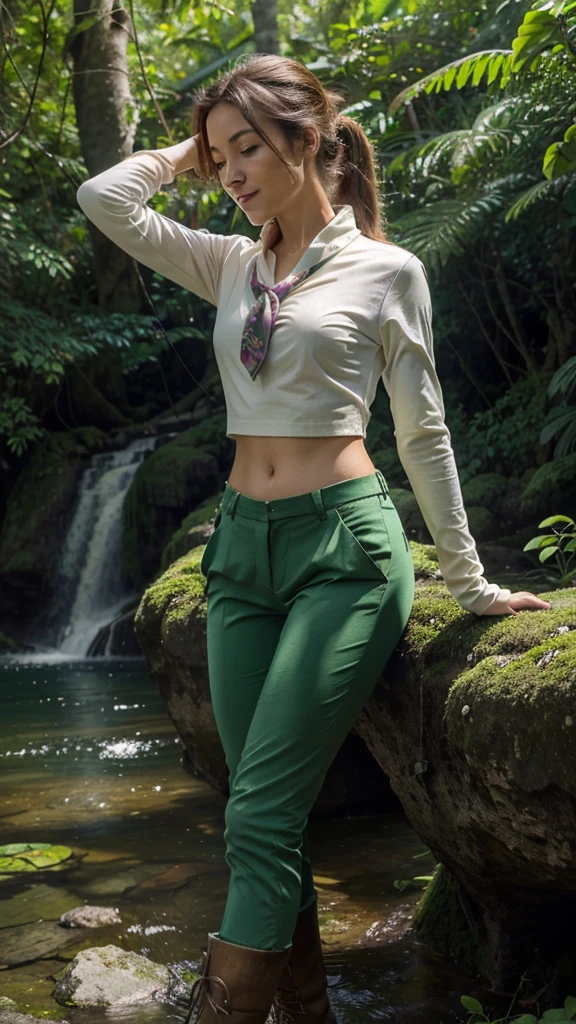(((best quality))),(((ultra detailed))),(((masterpiece))),illustration, adventure,((a girl,solo)),((slim,thin)),((small breasts,flat chest)),sun-kissed skin,(short ponytail:1.2),(neckerchief:1.2),((vibrant green collared sleeved shirt,green pants)),(gloves:1.2),((slender legs,boots)),jungle, lush foliage, gentle breeze, ethereal, excitement, exploration, exotic flora and fauna, vibrant flowers, deep greens, delicate vines, ancient trees, enchanting canopy, sweet scent, nature, majestic waterfall, cascading water, crystal-clear pool, serene oasis, cool off, shimmering skin, laughter, deep connection, natural world, tranquility, wilderness, spirit soaring, birdsong, pure joy, enchantment,jungle, harmonizing, serenity, wonder, nature adventure