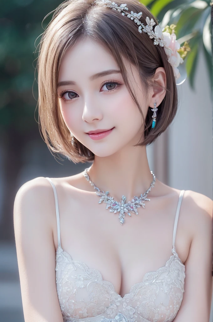 (((Very elegant and beautiful、Perfect detail、Very detailed)))、whole body、The finest girl、The depth of the boundary is written、whole bodyが美しく細かい、Thin legs、One Girl、20-year-old、Very short hair、Spiked Hair、gray and silver hair、Beautiful and fine hair、Perfect Face、Beautiful, detailed, deep eyes、Delicate arms and hands、Pale skin、Earrings、Beautiful and gorgeous necklace、Colorful background、HD background、Blurred Background、Very delicate and beautiful、masterpiece、(((Highest quality、Very beautiful 8K CG wallpaper))、smile、White ブラウス