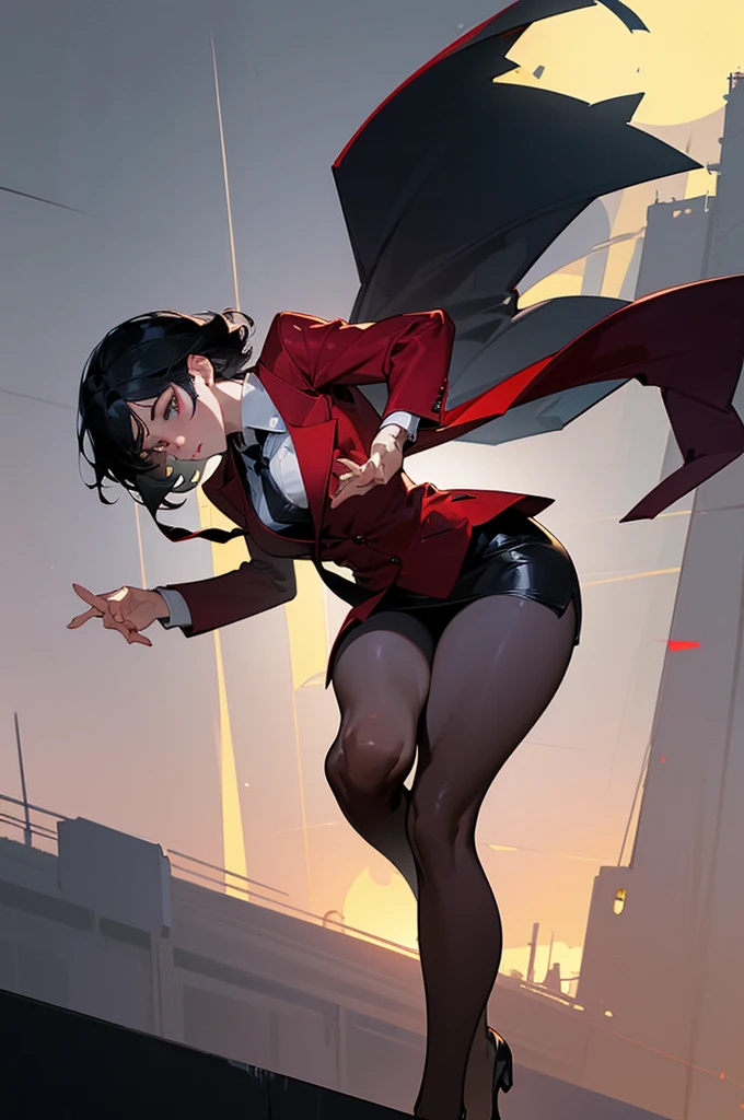 (A beautiful 25 years old Asian Hitwoman), (wolfcut black hair), (pale skin), (serious face), skirt suit, (((three-piece suit))), (((dress shirt))), (((necktie))), blazer, (((red suit jacket))), black shiny lapel (((waistcoat))), double-breasted waistcoat, (((bodycon miniskirt))), pencil skirt, tights, pantyhose, pocket square, tie clip, cufflinks, (city at night background), view from front, waist up shot, dynamic pose, ambient lighting, photo realism, intricate face detail, intricate hand details, highly detailed, vibrant colors, cinematic, high definition, trending on Artstation--style raw, on hands and knees, , aroused,