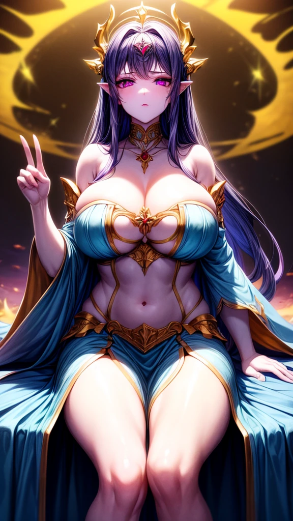 Immortal Goddess, Super cute, 8K, Super big breasts, meditation, Light white cloth covering part of the body, Sit cross-legged, círculo magic dourado brilhante girando atrás dela, magic violet aura surrounding her parts, magic, fantasy, Galaxy Background, (4 Elements, fire, water, wind, Earth, surrounding him),