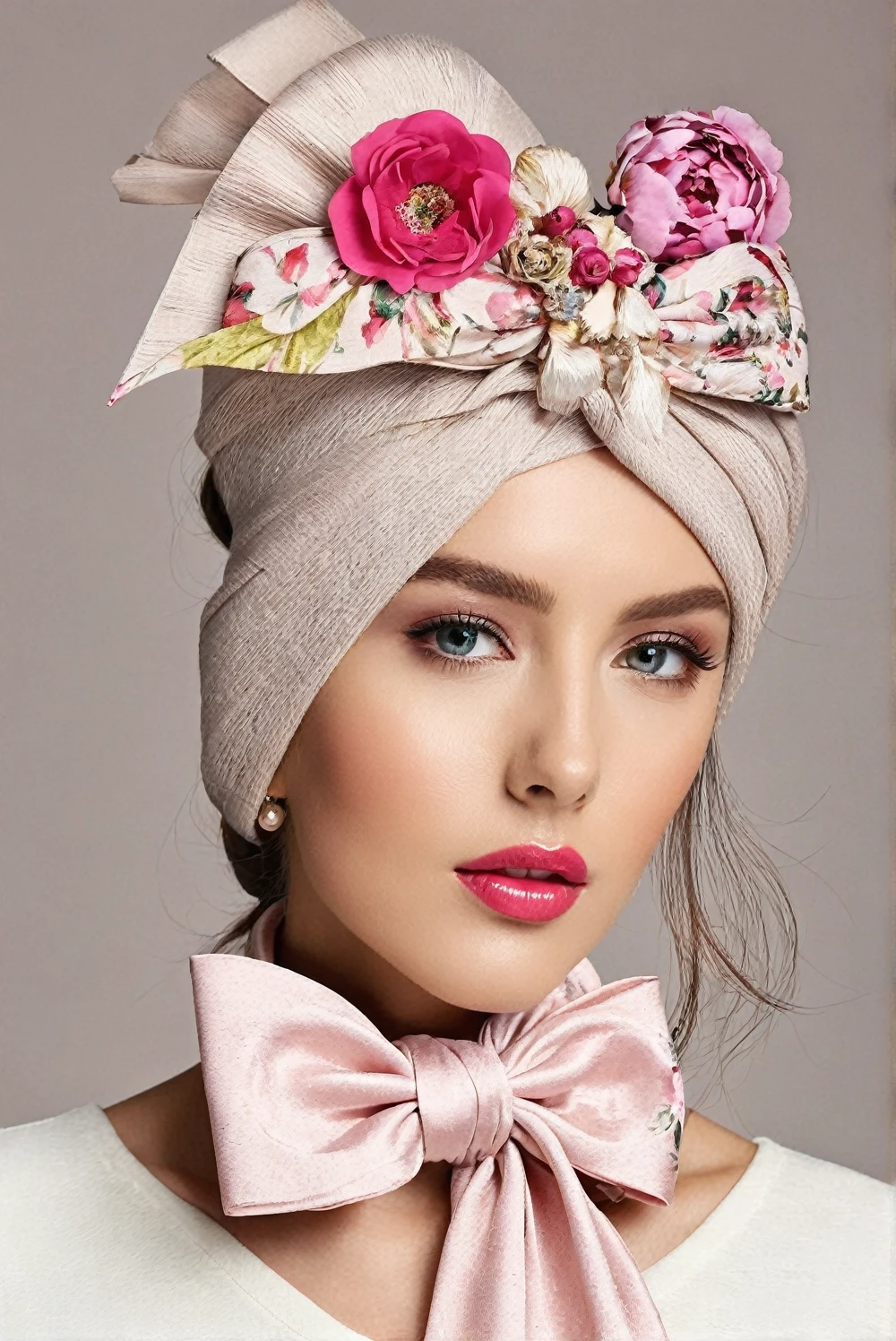 
a beautiful composition of fashion accessoires like hat, scarf scarf tied into a gorgeous big bow at the neck
and flowers 

