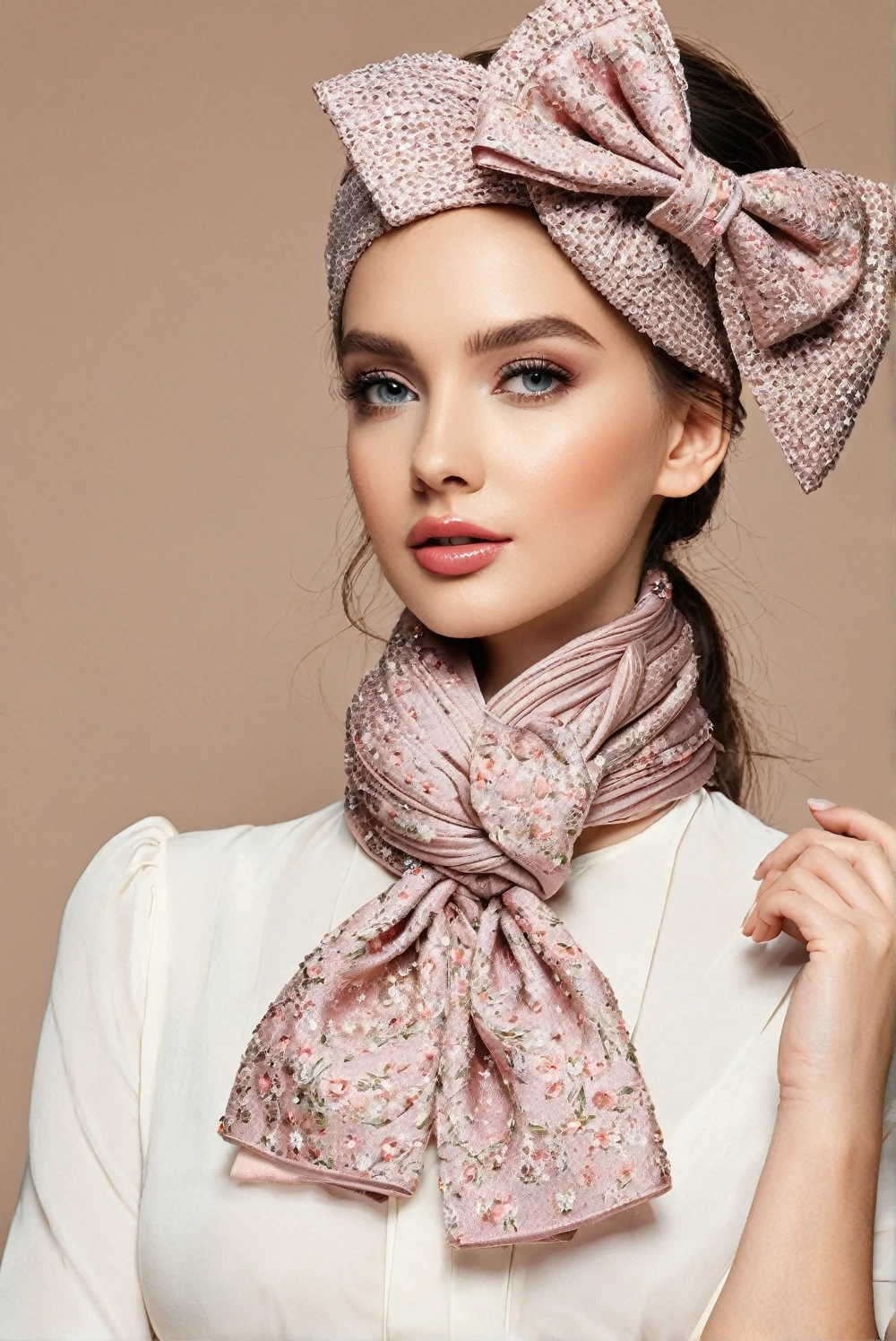 a beautiful composition of fashion accessoires like hat, scarf scarf tied into a gorgeous big bow at the neck
and flowers