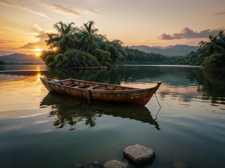 sunset scene in a lake, with old pholippine boat, tropical scene in the Philippines, detailed and hyper realistic , place the subject in the rule of thirds grid, add foreground like stones or grass