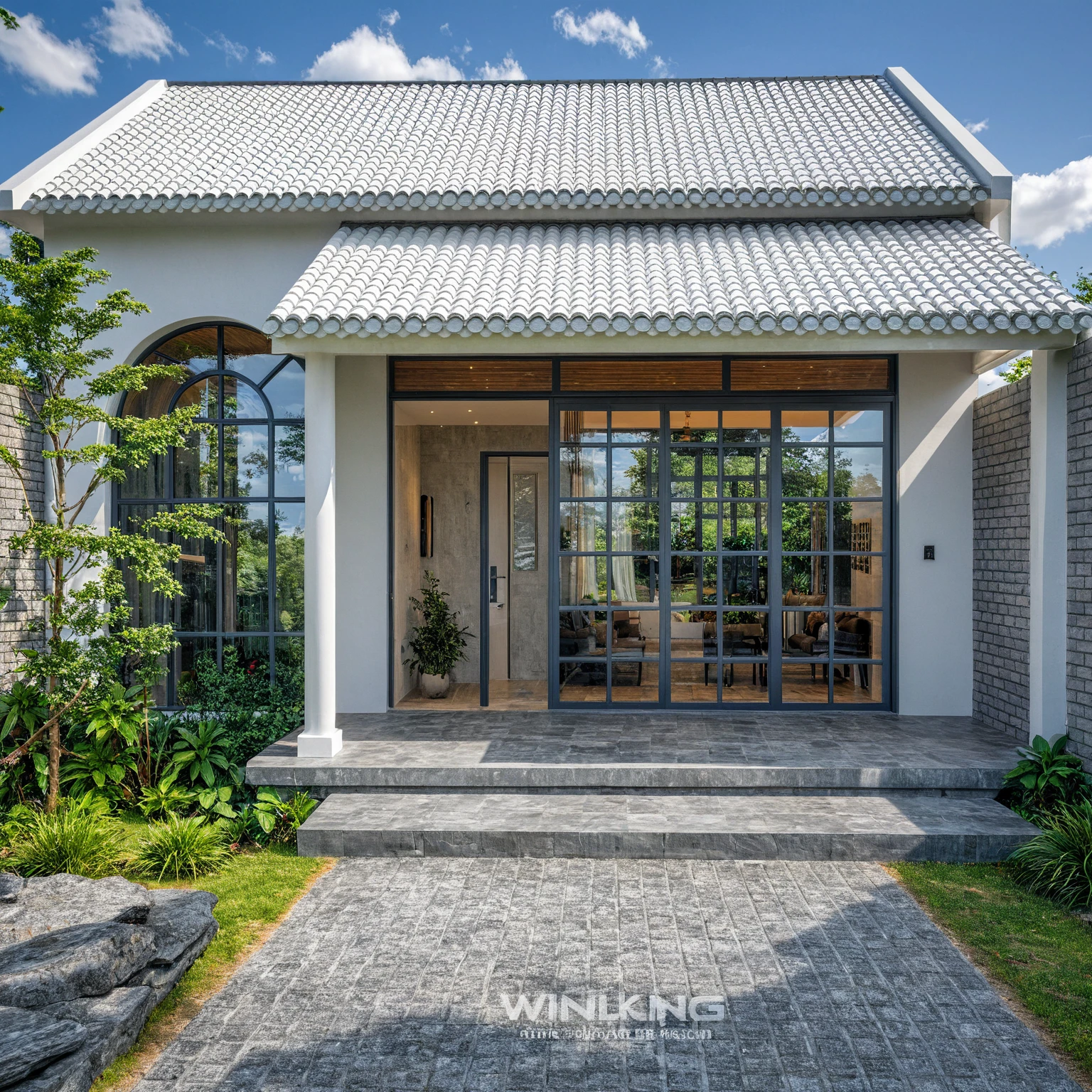 Masterpiece, high quality, best quality, authentic, super detail, outdoors, onestoreyvillaXL, aiaigroup, house style modern on the street ,stairs, white wall ,road,pavement, grass, trees, sky, cloud, (daylight:1.1)