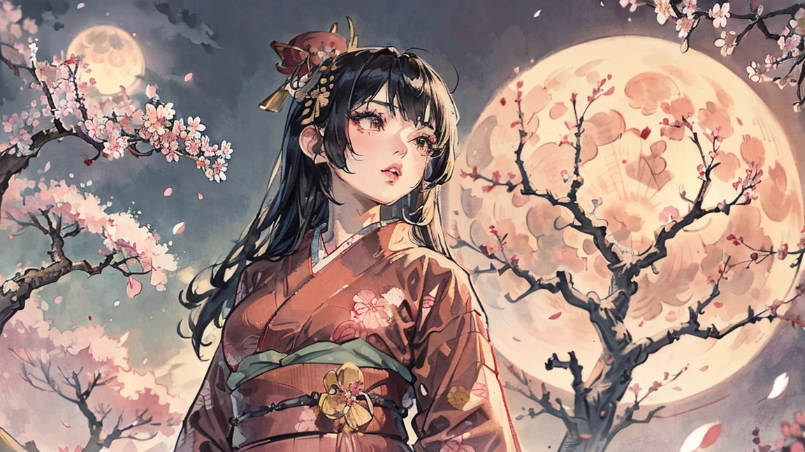 (((Oiran))),(((Prostitute))), Flashy kimono,hair ornaments, ,(((shoot from below))),(((Gazing Skyward))),(((night))),(Lips are red:1.5), (((Cherry tree))),(((Cherry tree in full bloom))),(((Watching the cherry blossoms))), (((Watching the cherry blossoms))),(((Watching the cherry blossoms))), (((Watching the cherry blossoms))), (((Watching the cherry blossoms))),(((Watching the cherry blossoms))),20-year-old, Watercolor, masterpiece, Highest quality, Very delicate and beautiful girl,Very delicate and beautiful, world masterpiece theater, Super detailed, Very detailedな, Highest quality,(((赤いFlashy kimono)))。(((赤いFlashy kimono)))。(((赤いFlashy kimono)))。(((赤いFlashy kimono)))。(((赤いFlashy kimono)))。(((赤いFlashy kimono)))。(((赤いFlashy kimono)))。(((赤いFlashy kimono)))。 (((Black Hair))), (((Black Hair))), (((Black Hair))), (((Upper Body))), (((Upper Body))), (((Upper Body))), (((Upper Body))), (((Upper Body))), (((Upper Body))), High resolution, Very detailed,5 girls, Highest quality, figure, masterpiece, Highest quality, Accuracy, A woman in her twenties from the late Edo period.。(((赤いFlashy kimono)))。 。In the style of old Japanese paintings with low saturation、The women look like modern anime characters..、She has a bit of Kabuki makeup on..。Strong 2D feel。night。background, たくさんの花びらが散っている大きなCherry tree, (((Huge full moon))),(((Huge full moon))),(((Huge full moon))),(((Huge full moon)))