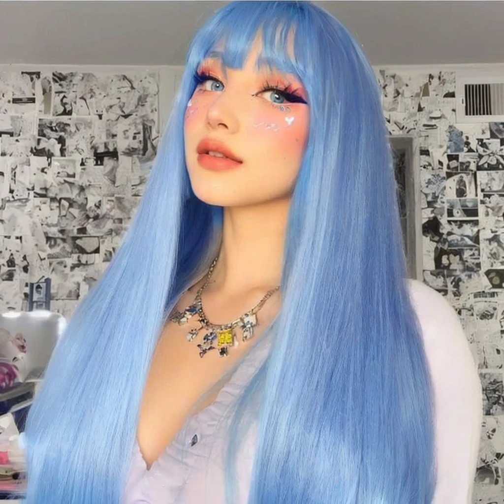 a close up of a woman with long blue hair and a necklace, sky blue straight hair, straight sky blue hair, long azure blue hair, long flowing blue hair, beautiful blue haired girl, pretty girl with blue hair, with blue hair, sky blue hair, girl with blue hair, blue long hair, light blue hair, long blue hair, flowing blue hair